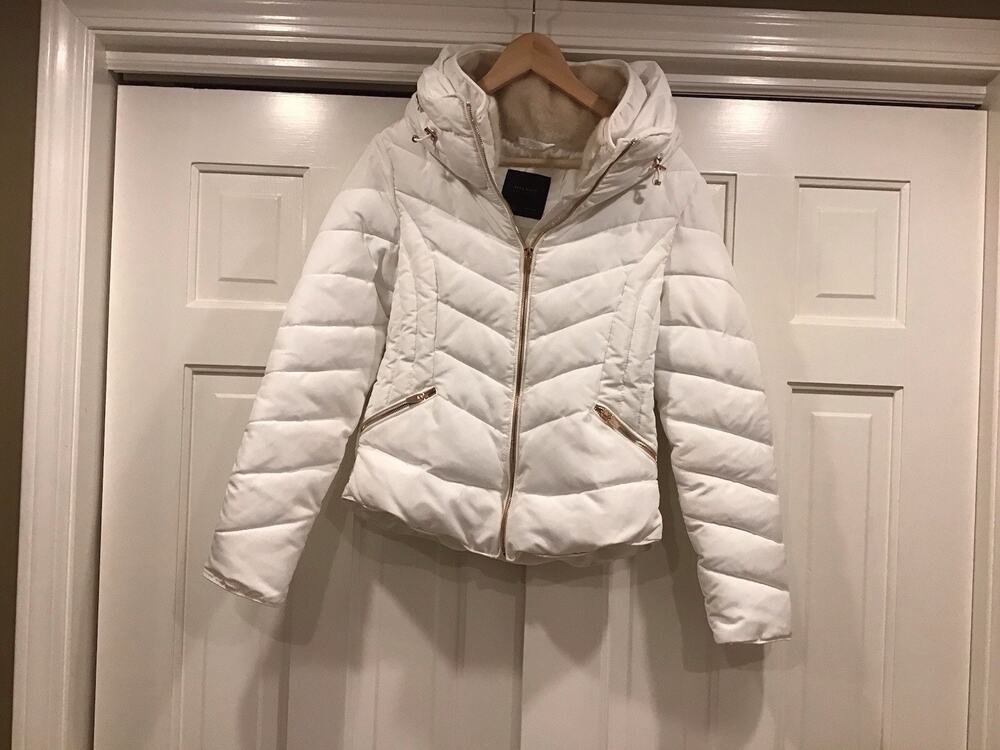 Zara Basic White Winter Coat Full Zip Women Sz M Rose Gold Tone W/Hide Away Hood